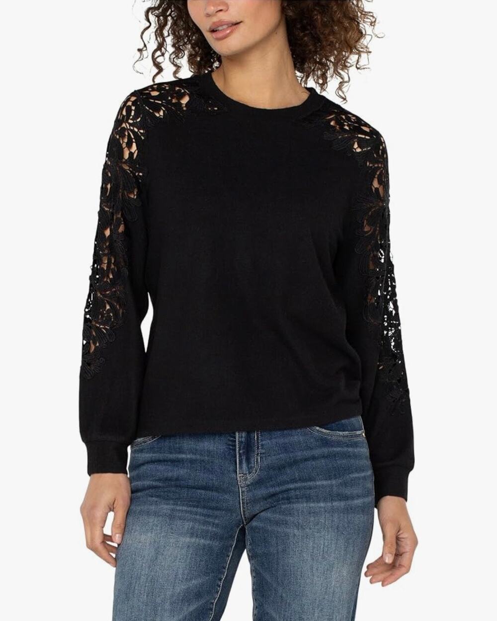 NEW Liverpool Los Angeles Black Long Sleeved Crewneck Lace Inset Knit Top Large
